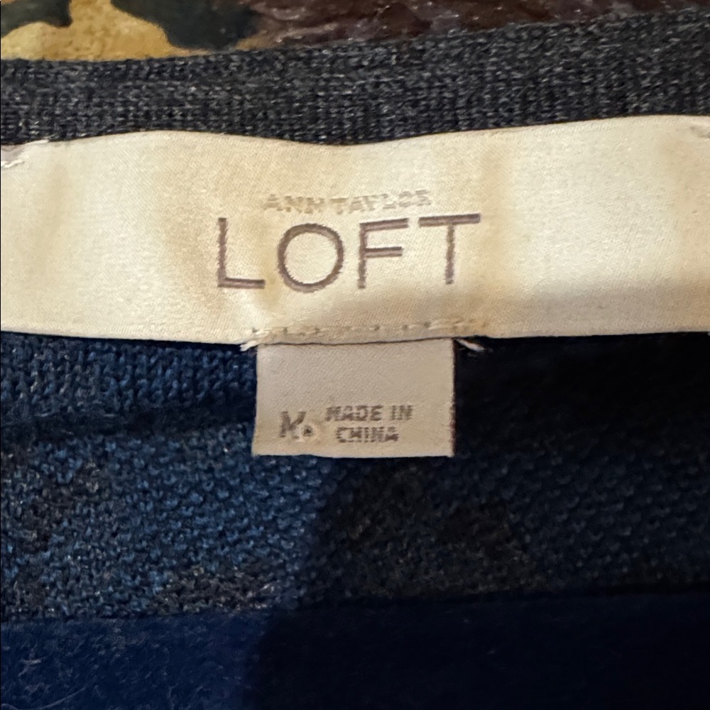 LOFT Charcoal, Navy & Blue Leopard Print Sweater Dress w/ Gray Trim - Picture 9 of 10